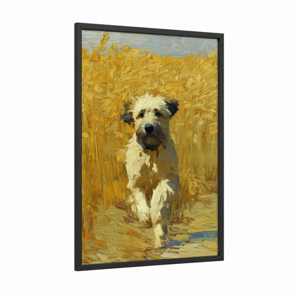 Golden Field Terrier framed art print — black wood frame — gold and cream palette