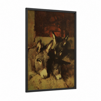 Rustic Donkey Pair framed art print — black wood frame — brown and cream palette