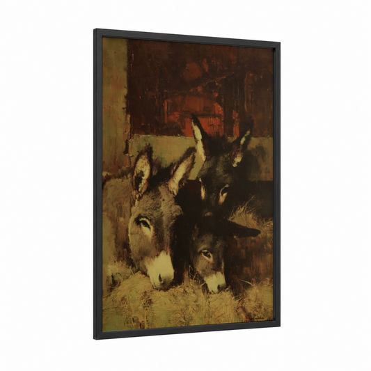 Rustic Donkey Pair framed art print — black wood frame — brown and cream palette
