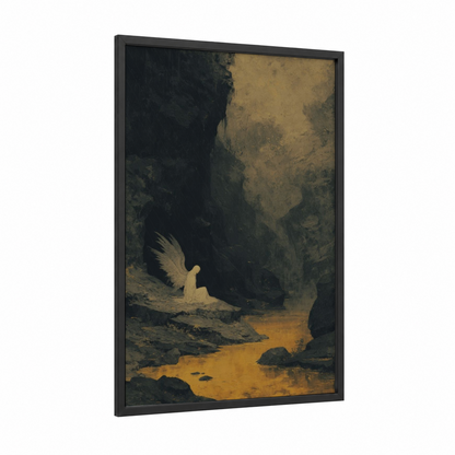 Winged Cavern framed dark fantasy print — black wood frame — black and gold palette