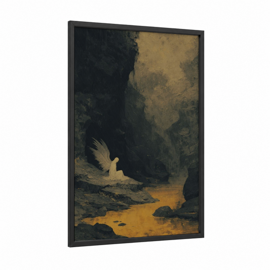 Winged Cavern framed dark fantasy print — black wood frame — black and gold palette