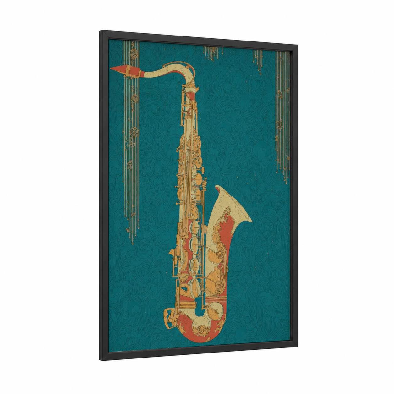 Vintage Saxophone framed art print — black wood frame — teal and gold palette