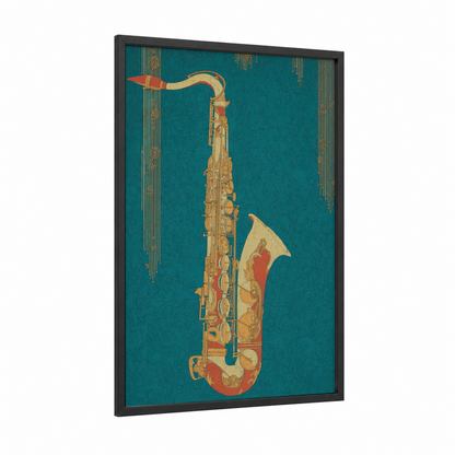 Vintage Saxophone framed art print — black wood frame — teal and gold palette