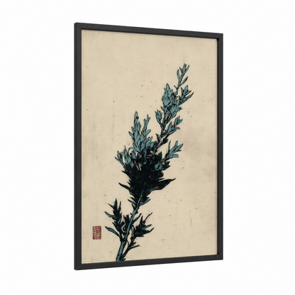Botanical Herb Study framed herbs print — black wood frame — blue and cream palette