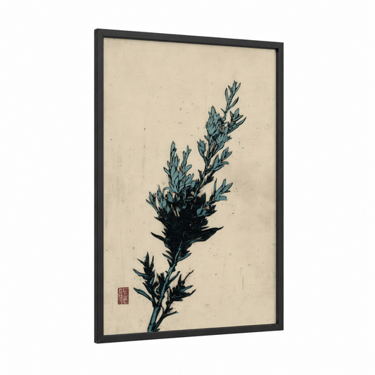 Botanical Herb Study framed herbs print — black wood frame — blue and cream palette