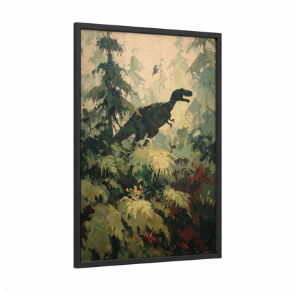 Prehistoric Jungle Prowler framed dinosaur print — black wood frame — green and cream palette