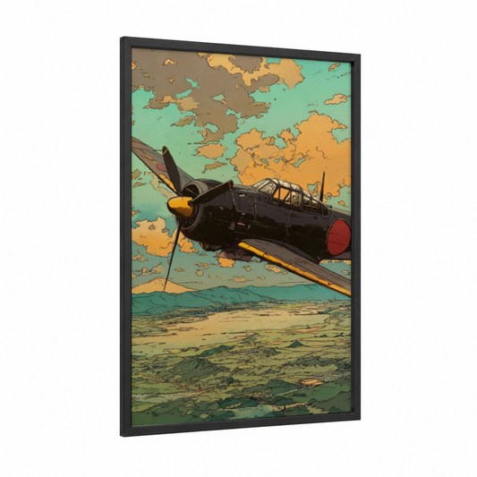 Golden Hour Bomber framed vintage airplane print — black wood frame — gold and teal palette