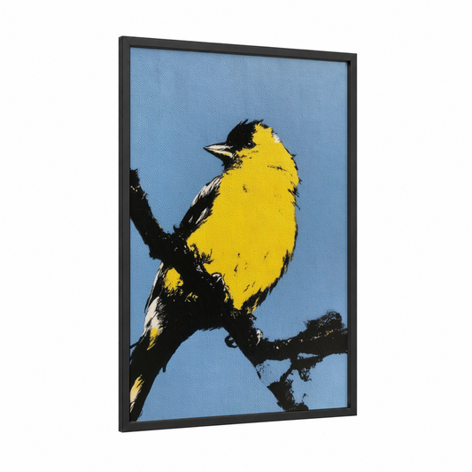Golden Finch framed art print — black wood frame — yellow and blue palette