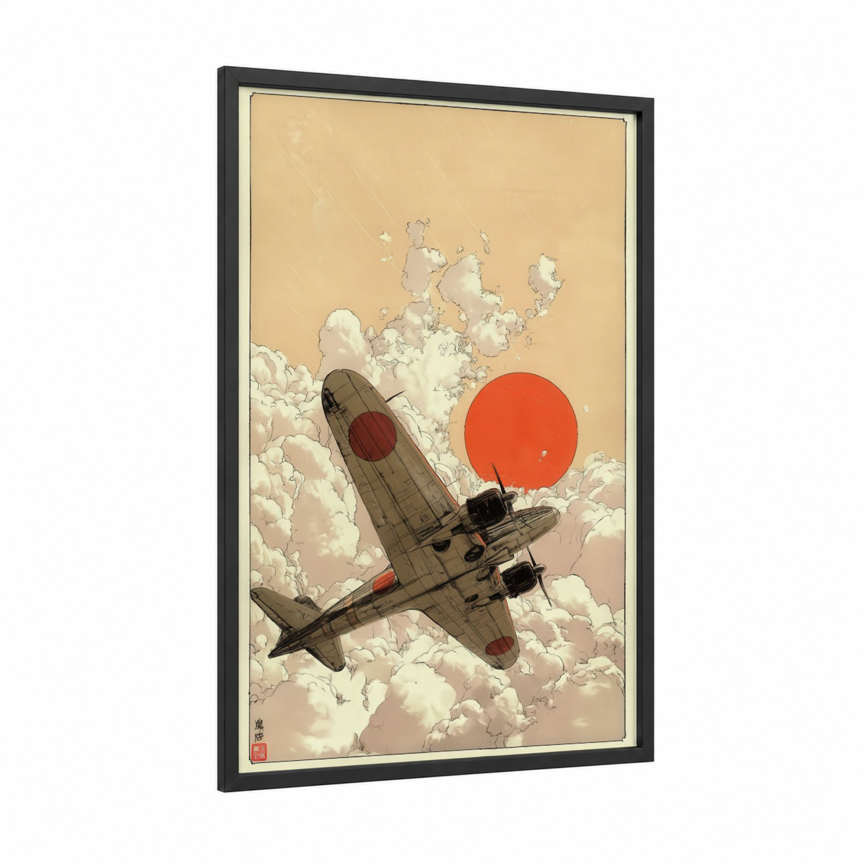 Rising Sun Airplane framed vintage airplane print — black wood frame — cream and red palette