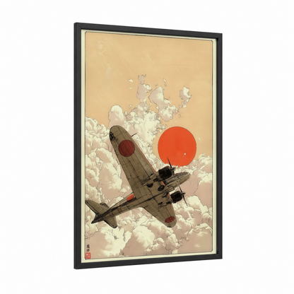 Rising Sun Airplane framed vintage airplane print — black wood frame — cream and red palette