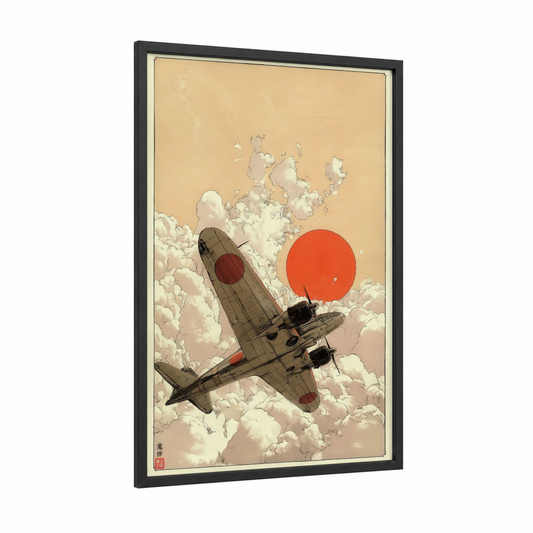 Rising Sun Airplane framed vintage airplane print — black wood frame — cream and red palette