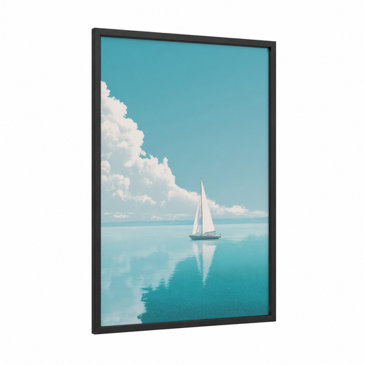 Serene Sailboat framed sailing ship print — black wood frame — turquoise and white palette