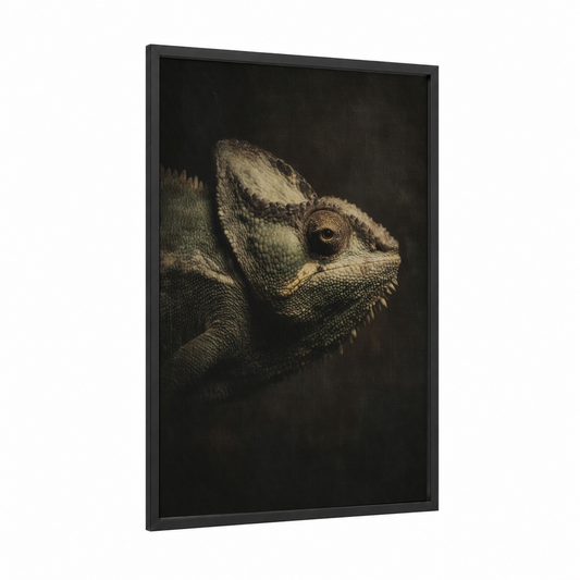 Emerald Chameleon framed art print — black wood frame — sage green and gold palette