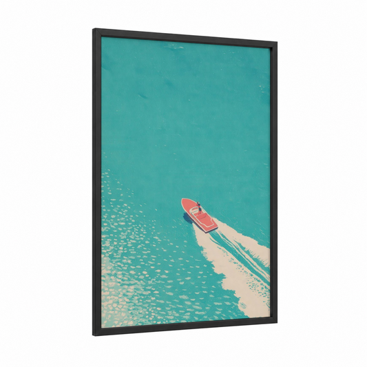 Turquoise Wake framed water skiing print — black wood frame — turquoise and salmon pink palette