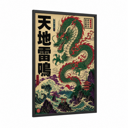 Japanese Dragon Ocean Wave Wall Art framed art print — black wood frame — green and red palette