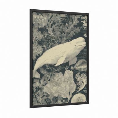 Beluga Whale Study framed art print — black wood frame — cream and black and white palette