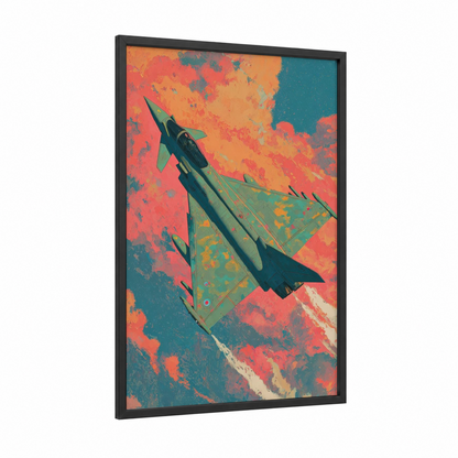 Crimson Fighter Jet framed military plane print — black wood frame — red and teal palette