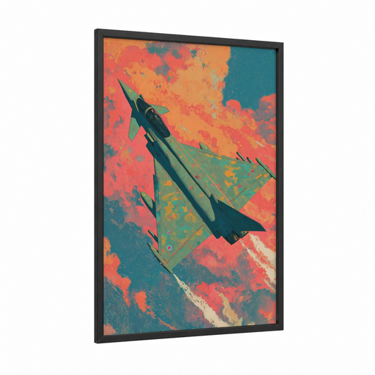 Crimson Fighter Jet framed military plane print — black wood frame — red and teal palette