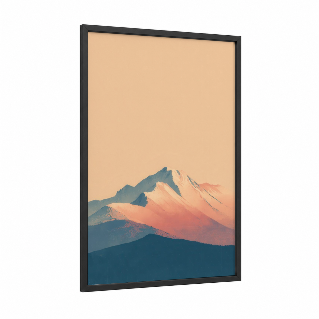 Alpine Glow framed sierra nevada print — black wood frame — peach and dark blue palette