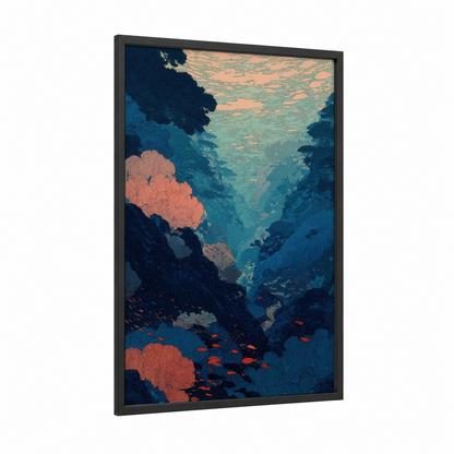 Coral Canyon framed art print — black wood frame — blue and salmon pink palette