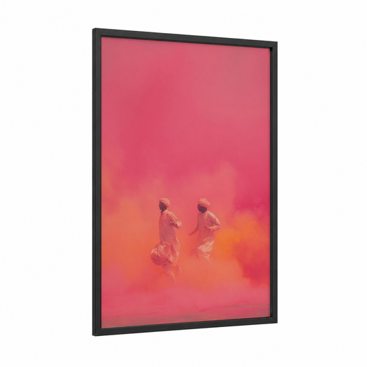 Holi Celebration framed hindu holidays print — black wood frame — pink and orange palette