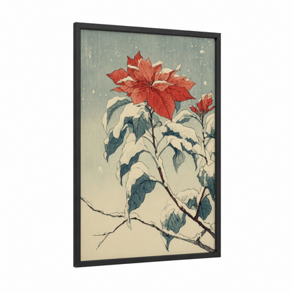 Winter Poinsettia framed poinsettias print — black wood frame — red and cream palette