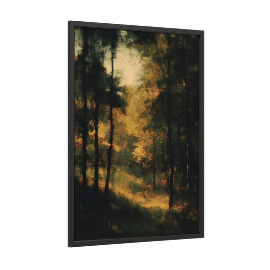 Golden Oak Forest framed art print — black wood frame — gold and dark green palette