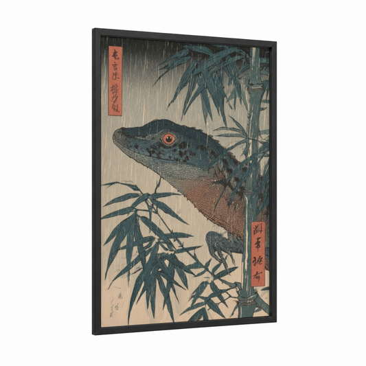 Bamboo Lizard framed art print — black wood frame — teal and russet palette