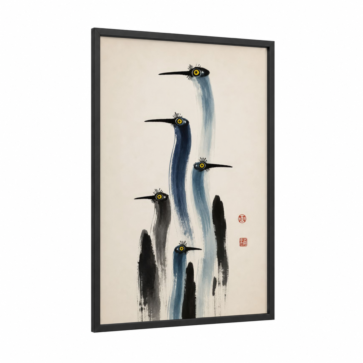 Minimalist Blue Heron Wall Art framed art print — black wood frame — blue and beige palette