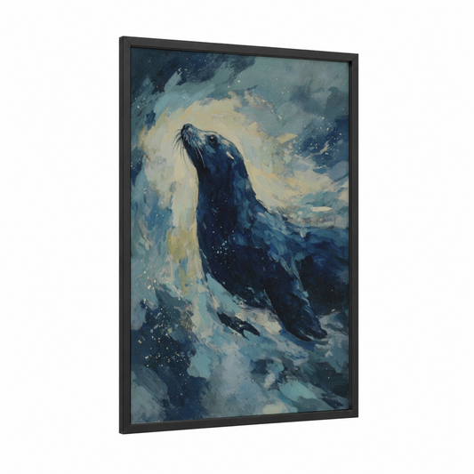Icy Sea Lion framed art print — black wood frame — blue and white and cream palette