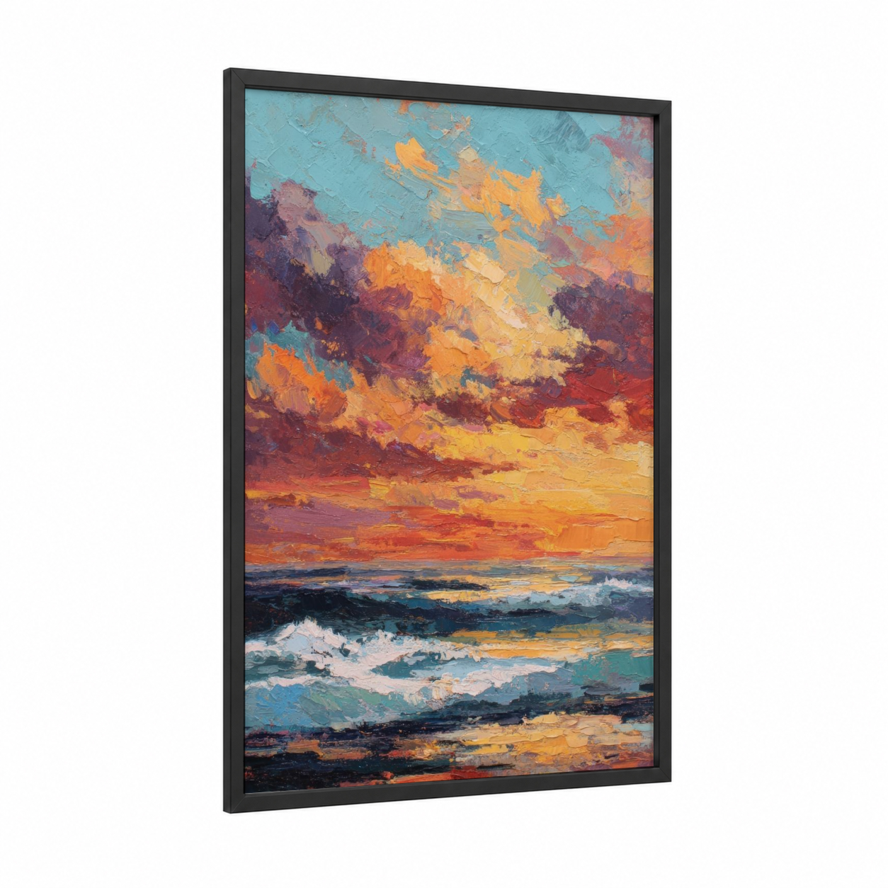 Golden Sunrise Seascape framed art print — black wood frame — gold and orange palette