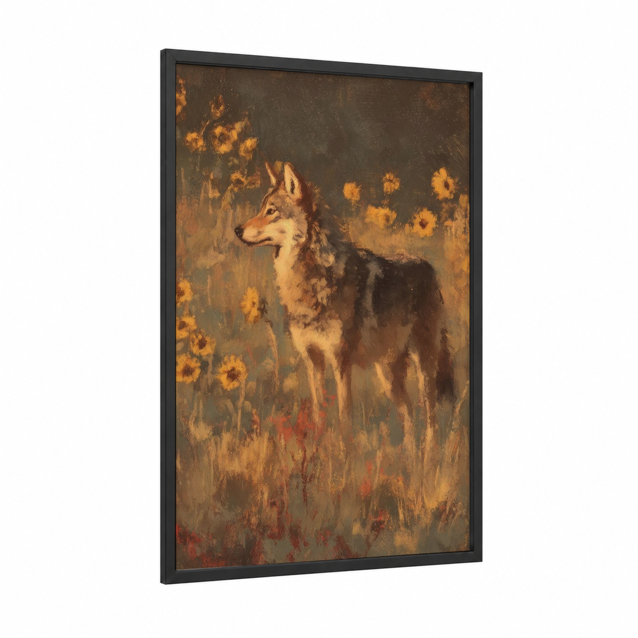 Golden Sunflower Wolf framed art print — black wood frame — gold and brown palette