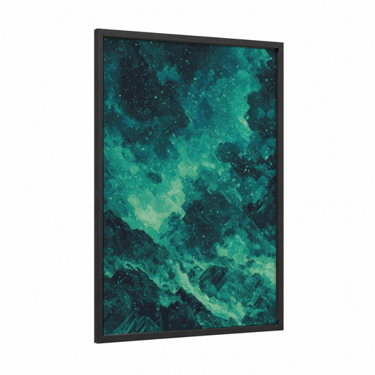 Ethereal Nebula framed art print — black wood frame — teal and black and white palette