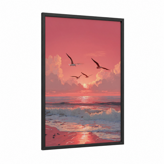 Sunset Seagull Flight framed art print — black wood frame — salmon pink and gold palette