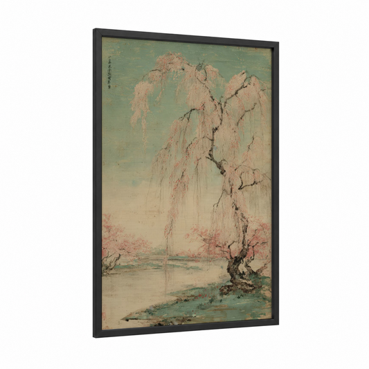 Weeping Willow Spring framed willow tree print — black wood frame — light green and peach palette