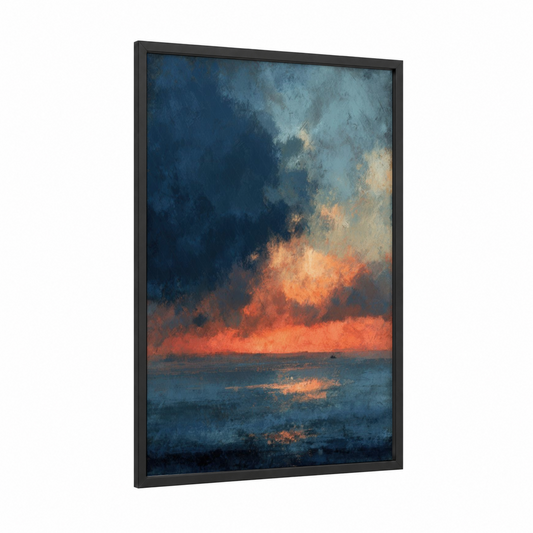 Dramatic Storm Sunset framed art print — black wood frame — dark blue and orange palette