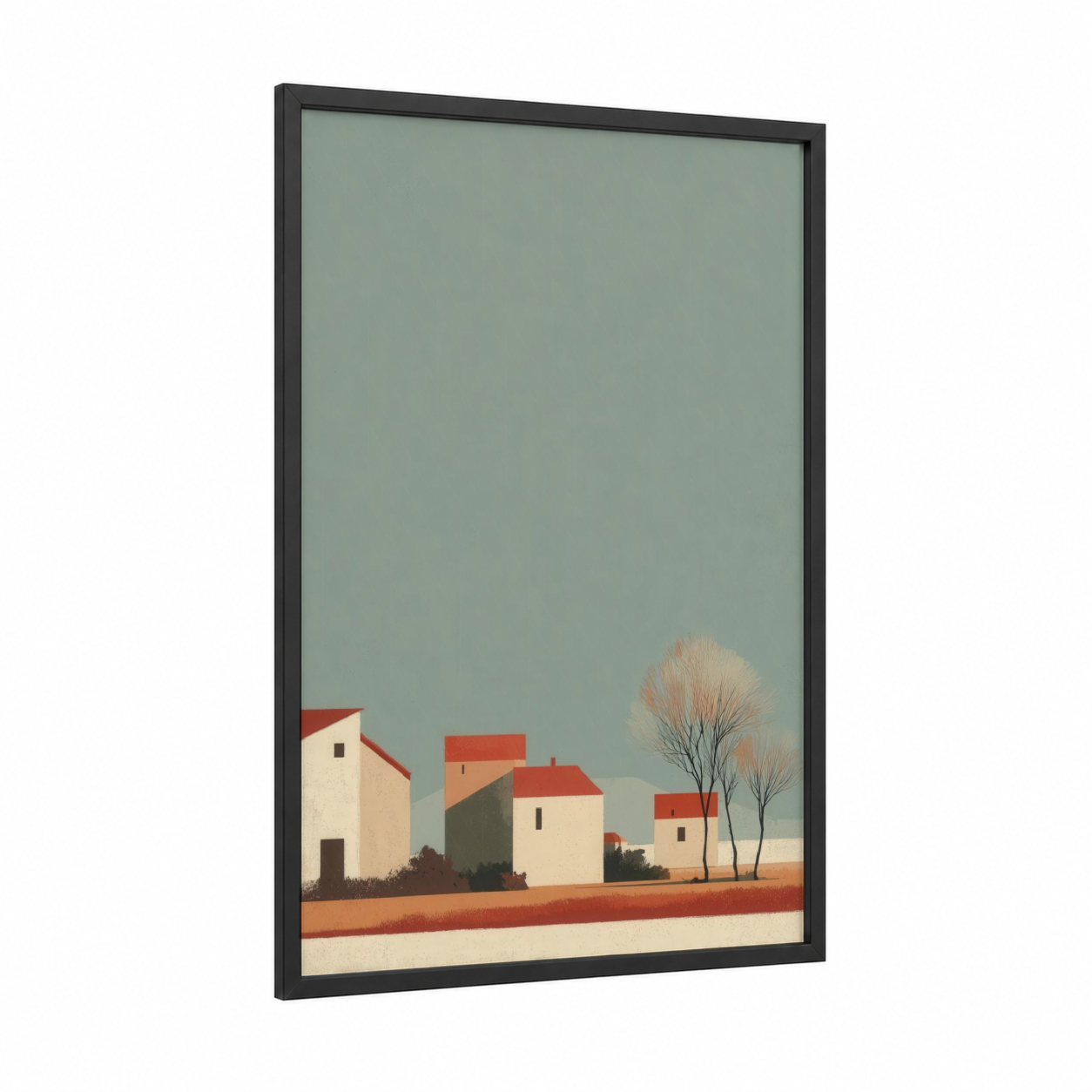 Rural Village Landscape framed art print — black wood frame — sage green and cream palette