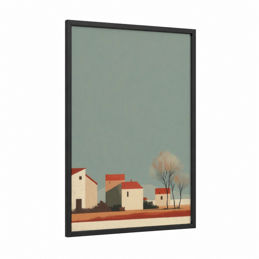 Rural Village Landscape framed art print — black wood frame — sage green and cream palette