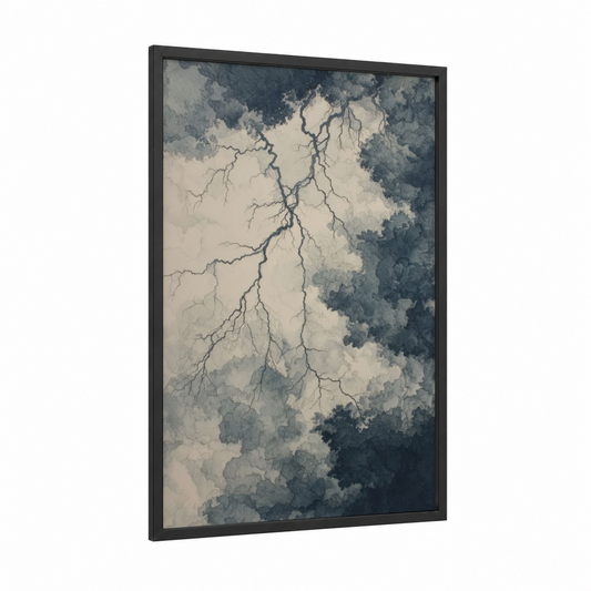 Stormy Sky Lightning framed art print — black wood frame — gray and white and dove gray palette