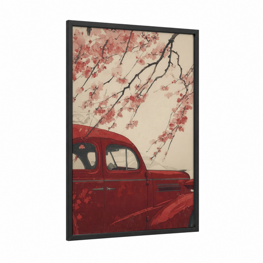 Cherry Blossom Classic framed classic car print — black wood frame — red and cream palette