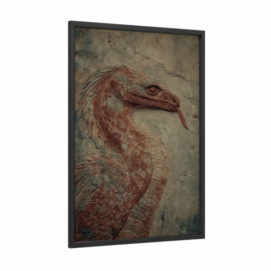 Ancient Basilisk framed art print — black wood frame — russet and beige palette