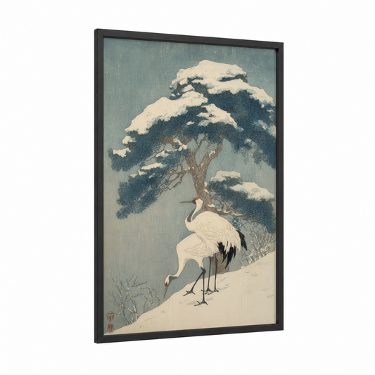 Snowy Cypress Crane framed cypress tree print — black wood frame — blue and white and gray palette