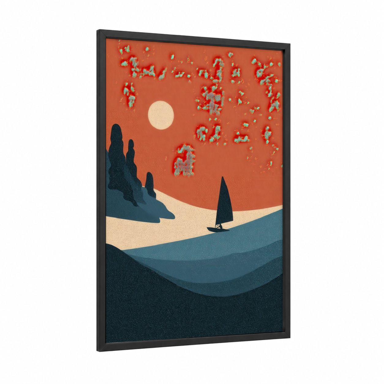 Desert Windsurfer framed windsurfing print — black wood frame — russet and teal palette
