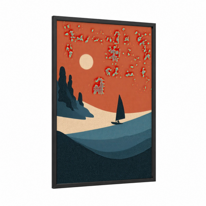 Desert Windsurfer framed windsurfing print — black wood frame — russet and teal palette