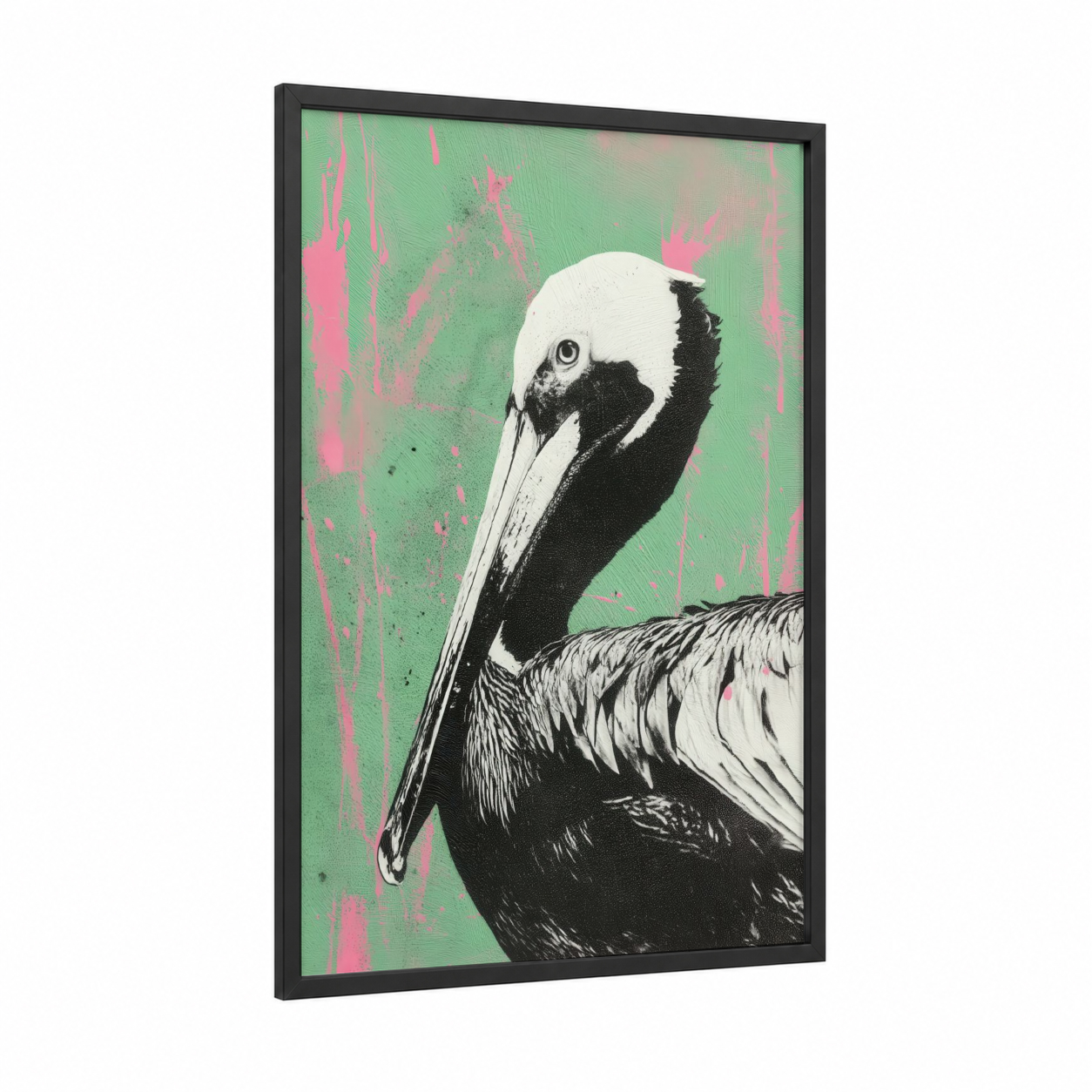 Neon Pelican framed art print — black wood frame — light green and magenta palette