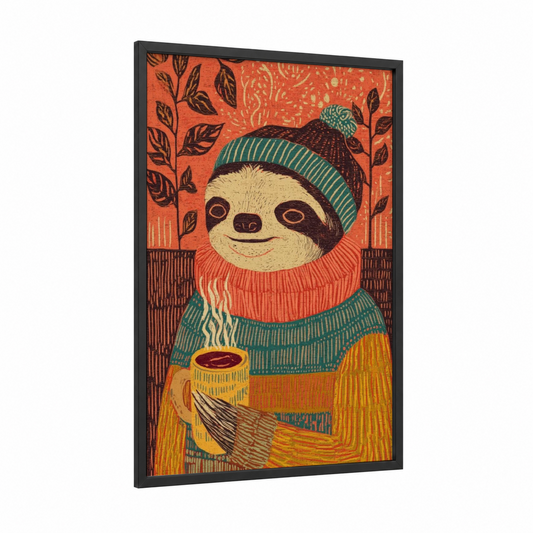 Cozy Sloth framed art print — black wood frame — orange and teal palette