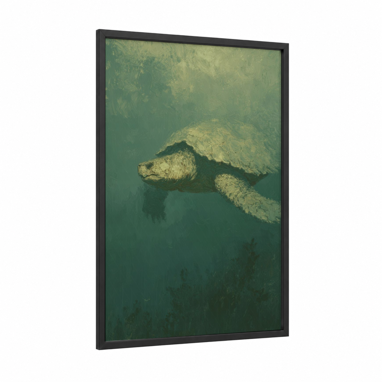 Ancient Turtle framed art print — black wood frame — sage green and cream palette