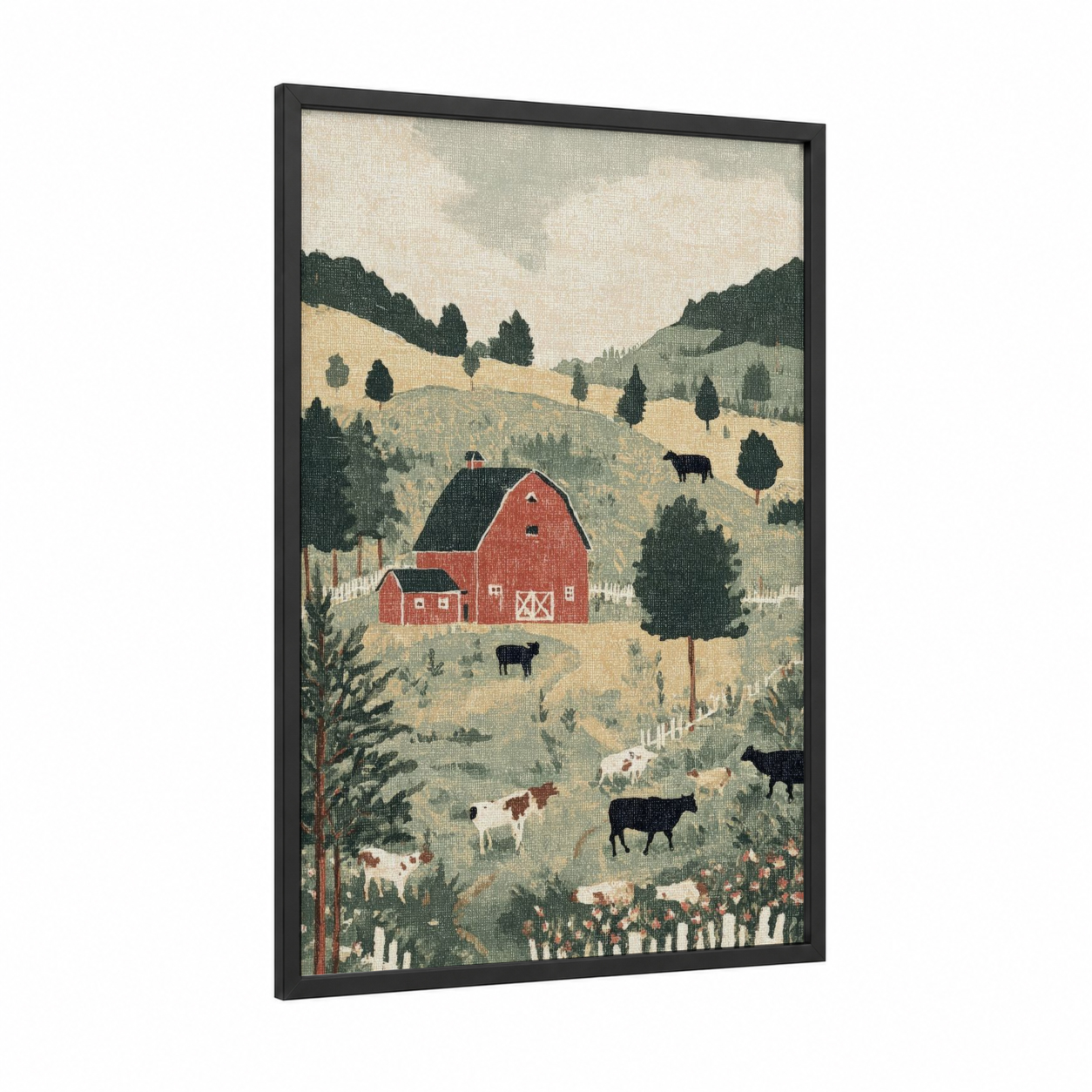 Pastoral Red Barn framed art print — black wood frame — cream and sage green palette