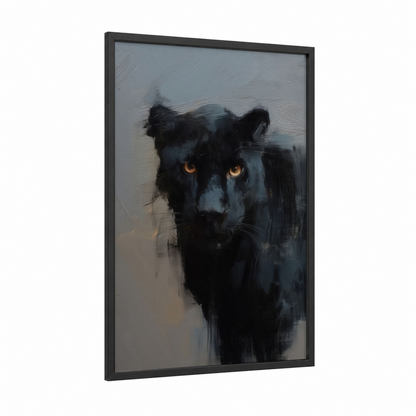 Golden-Eyed Panther framed art print — black wood frame — black and white and gold palette