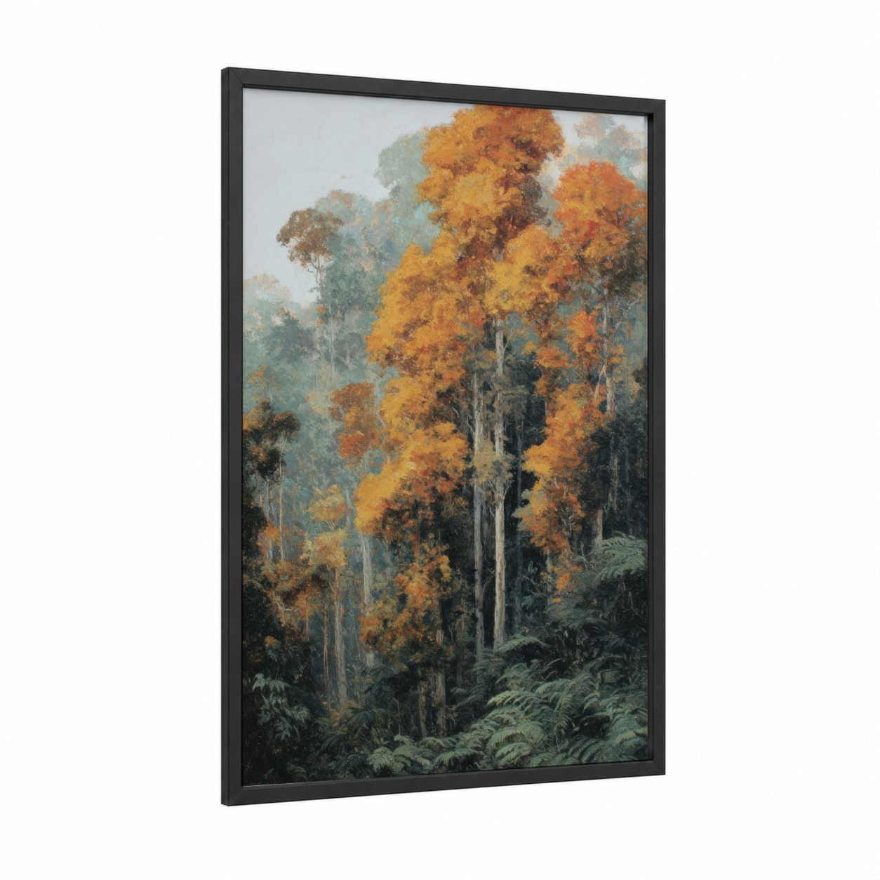 Golden Kauri Forest framed kauri tree print — black wood frame — yellow gold and teal palette